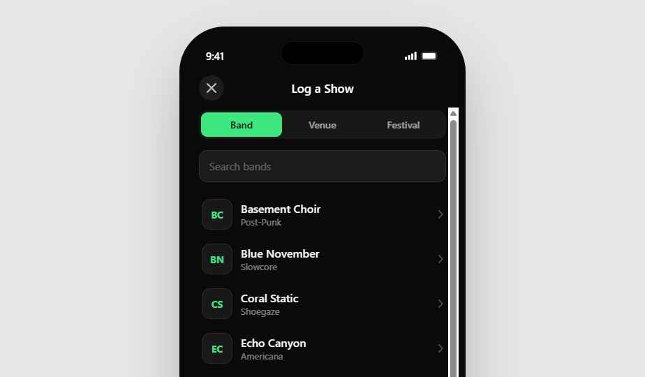 Log a Show screen