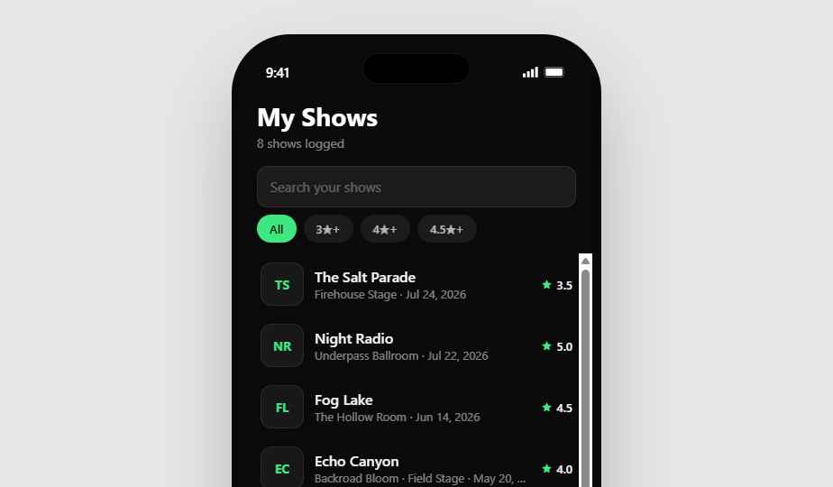 Gig Pigeon My Shows screen